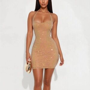 Gold and Tan Embellished Bodycon Dress